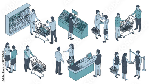Isometric Architectural Supermarket Shoppers Human Activity Blueprint Vector Set, Duotone Style, Isolated White Background