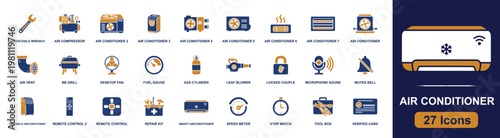 Air conditioner service icon set. Containing AC unit, smart AC, remote control, air vent, desktop fan, repair kit, tool box, speed meter, gas cylinder and more. Solid fill vector icons.
