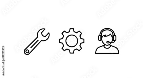 Technical support icons featuring tools and a headset silhouette