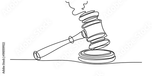 Continuous line drawing of a judge's gavel and sound block representing law and justice. Vector, illustration
