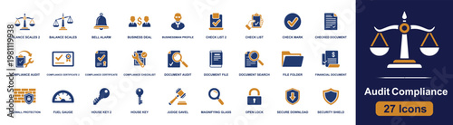 Audit compliance security icon set. Containing checklist, document search, certificate, balance scales, judge gavel, shield, folder, financial file, key and more. Solid fill vector icons.