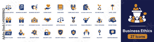 Business ethics icon set. Containing compliance, justice scales, handshake, shield, key, verified message, business document, podium, caring heart and more. Solid fill vector icons.