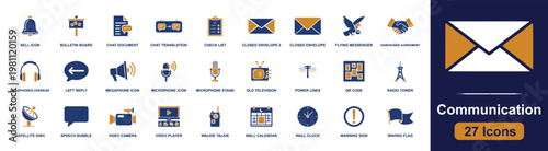 Communication icon set. Containing bell, bulletin board, chat document, envelope, microphone, video camera, satellite dish, walkie talkie, radio tower and more. Solid fill vector icons.