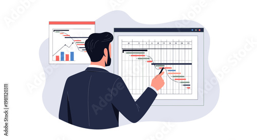 Businessman pointing at Gantt chart, project management, planning, strategy, business analysis