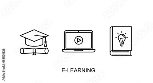 E learning icons depicting graduation technology and knowledge silhouette
