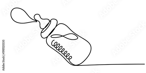 Continuous line drawing of a baby milk bottle with a nipple and some decorative loops Vector, illustration