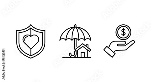 Insurance icons depicting protection home and finance a silhouette