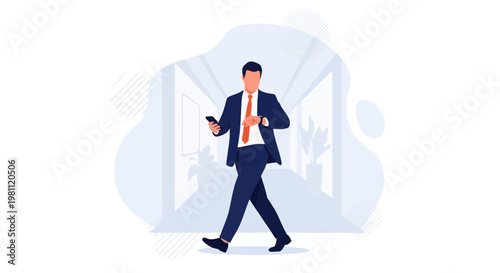 Businessman walking in office corridor checking watch and phone, modern business concept