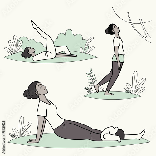 Illustration depicting three women performing different yoga poses outdoors with plant life