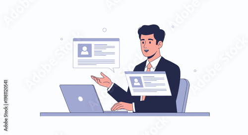 Businessman working on laptop, presenting profiles online, remote work concept