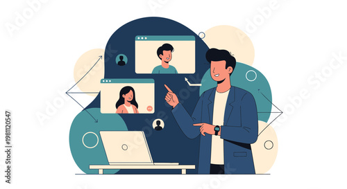 Online Meeting Concept: Man Leading Video Conference with Colleagues on Screen