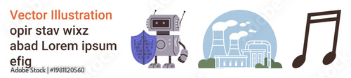 Cybersecurity, environmental awareness, industrial growth, music, arts, futuristic concepts. Robot holding shield, factory with smoke musical note graphic. Cybersecurity and environmental awareness