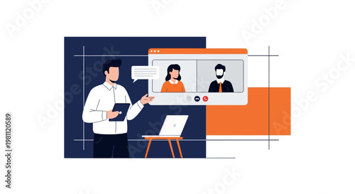 Online Meeting: Man Presenting to Remote Colleagues via Video Conference