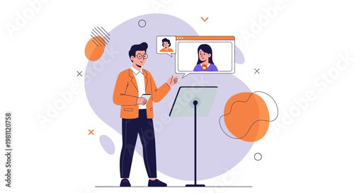 Online presentation: man speaking at podium, video conference with colleagues