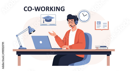 Co-working concept: man with headset working on laptop, online education, remote work