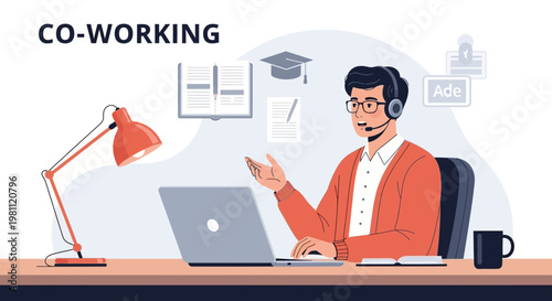 Co-working concept: man with headset working on laptop, online education, remote work