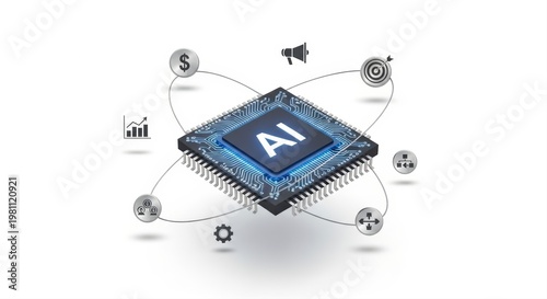 Artificial intelligence processor at the core of a vast digital network, symbolizing data integration, business innovation, and technological advancement for future global progress