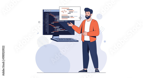 Programmer presenting code on computer screen, modern flat illustration