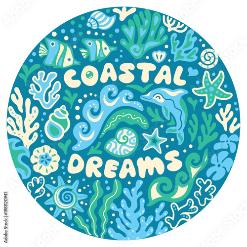 Coastal Dreams circle print with underwater life. Vector illustration