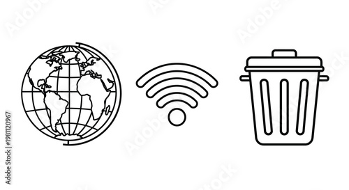 Globe wifi signal and trash can icons in a linear silhouette