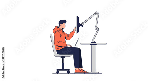 Programmer working on computer with laptop and monitor on desk
