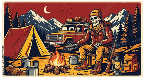 A whimsical skeleton skull enjoys a tranquil camping night, roasting food by a fire with an adventure vehicle and tent under a moonlit mountain sky vector design illustration