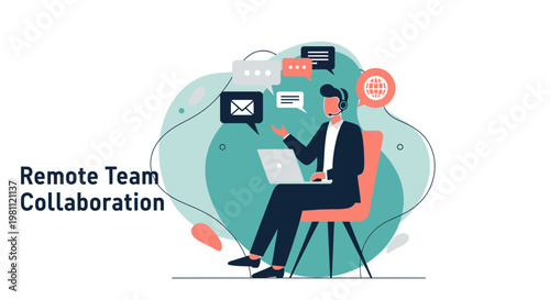 Remote Team Collaboration: Man Working Remotely with Laptop and Chat Bubbles