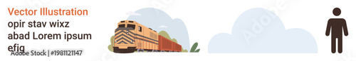 Transportation, outdoor exploration, travel industry, logistics, environmental impact, human inclusion. A freight train moving beside a standing silhouette and a cloudy atmosphere. Transportation