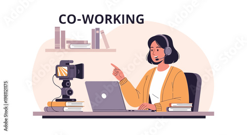 Co-working woman with headphones and laptop, filming with camera, remote work concept