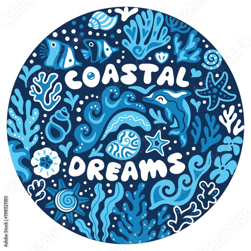 Coastal Dreams circle print with underwater life in blue colors. Vector illustration