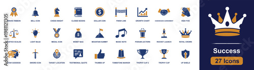 Success icon set. Containing award ribbon, finish line, growth chart, handshake agreement, medal icon, money bag, rocket launch, trophy cup, thumbs up and more. Solid fill vector icons.