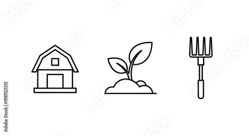 Farmhouse sprout and pitchfork icons in a clean minimal silhouette