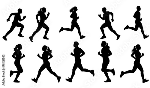 Man and woman running silhouette set with multiple poses athletic motion vector illustration