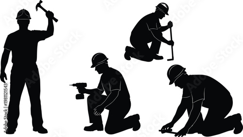 Construction workers silhouettes set with tools hammer drill measuring working poses builder vector illustration isolated industrial labor concept design