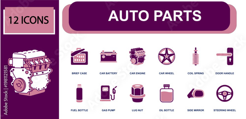 Auto parts icon set. Containing car battery, engine, wheel, coil spring, door handle, gas pump, lug nut, oil bottle, steering wheel and more. Solid fill vector icons.