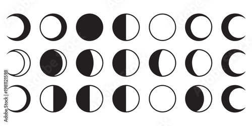 Lunar Cycle Moon Phases Vector Icons Set in Black and White