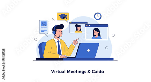 Virtual Meeting and Online Education Concept: Man with Headset and Laptop