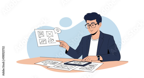 Designer working on wireframes and user interface for app development, planning website layout.