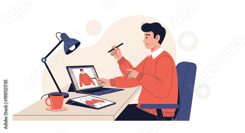 Digital Artist Working on Tablet and Laptop, Creative Workspace Illustration