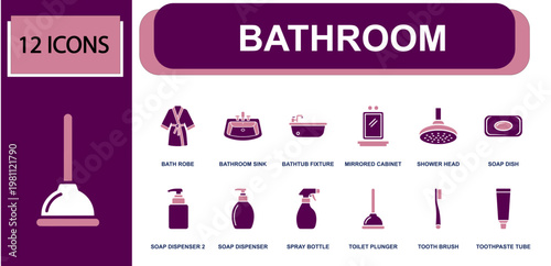 Bathroom icon set. Containing bath robe, bathroom sink, bathtub fixture, mirrored cabinet, shower head, soap dispenser, toilet plunger, tooth brush, toothpaste tube and more. Solid fill vector icons.