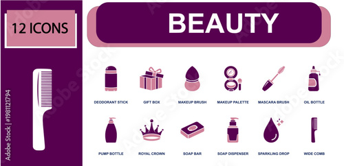 Beauty icon set. Containing deodorant stick, gift box, makeup brush, makeup palette, mascara brush, oil bottle, pump bottle, soap bar, wide comb and more. Solid fill vector icons.