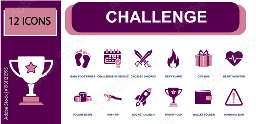 Challenge icon set. Containing baby footprints, challenge schedule, crossed swords, fiery flame, gift box, heart monitor, podium steps, rocket launch, trophy cup and more. Solid fill vector icons.