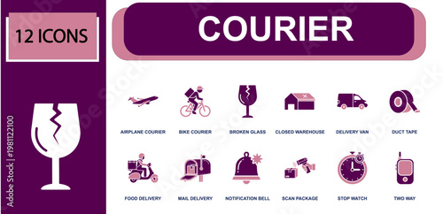 Courier icon set. Containing airplane courier, bike courier, delivery van, food delivery, mail delivery, package scan, stopwatch, bell alert, two way radio and more. Solid fill vector icons.
