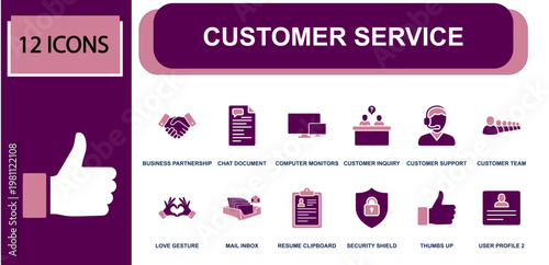 Customer service icon set. Containing handshake, chat document, monitor, inquiry desk, support agent, mail inbox, security shield, thumbs up, user profile and more. Solid fill vector icons.
