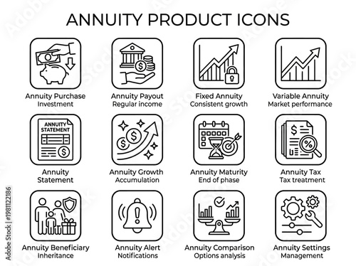 Annuity financial product line icons set including purchase investment payout regular income growth accumulation maturity end of phase tax treatment beneficiary inheritance agent notificatio