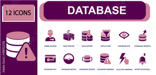 Database icon set. Containing admin access, data center, data export, data filter, database eye, database growth, database key, server, database warning and more. Solid fill vector icons.