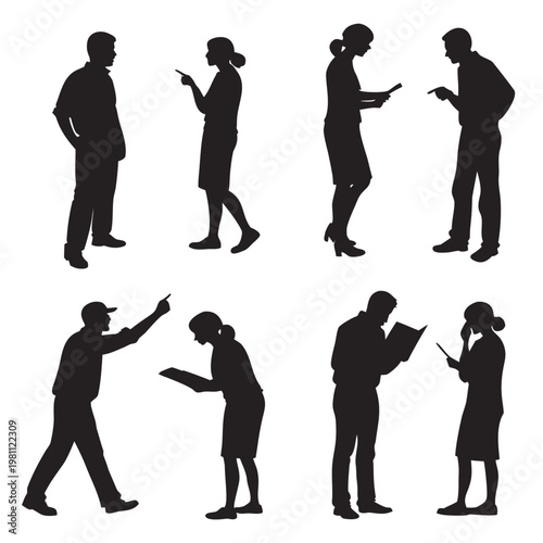 Silhouettes of diverse people engaging with mobile devices and interacting in groups