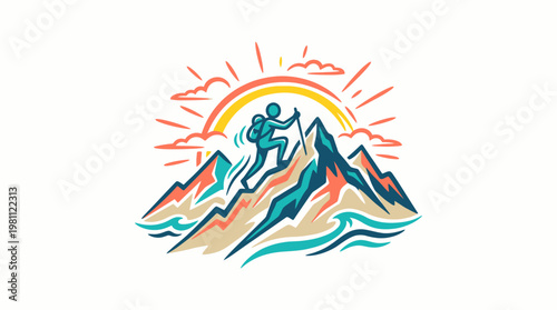 Adventurous Hiker Climbing a Mountain with Sun Background