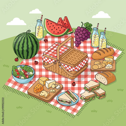 Summer picnic vector illustration, red checkered blanket with wicker basket and fresh food, outdoor dining scene with watermelon and sandwiches