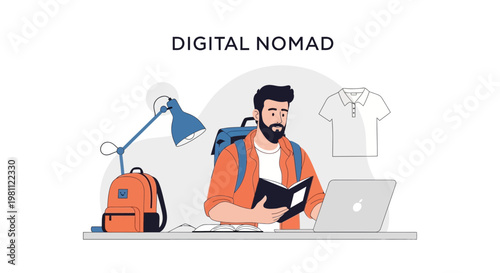 Digital Nomad Working Remotely with Laptop and Backpack